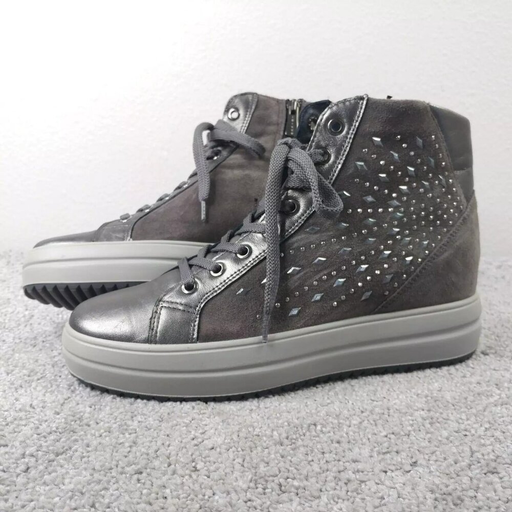 Igi&Co Womens 40 EU Platform Sneakers Studded Shoes Gray Lace Up Made In Italy
